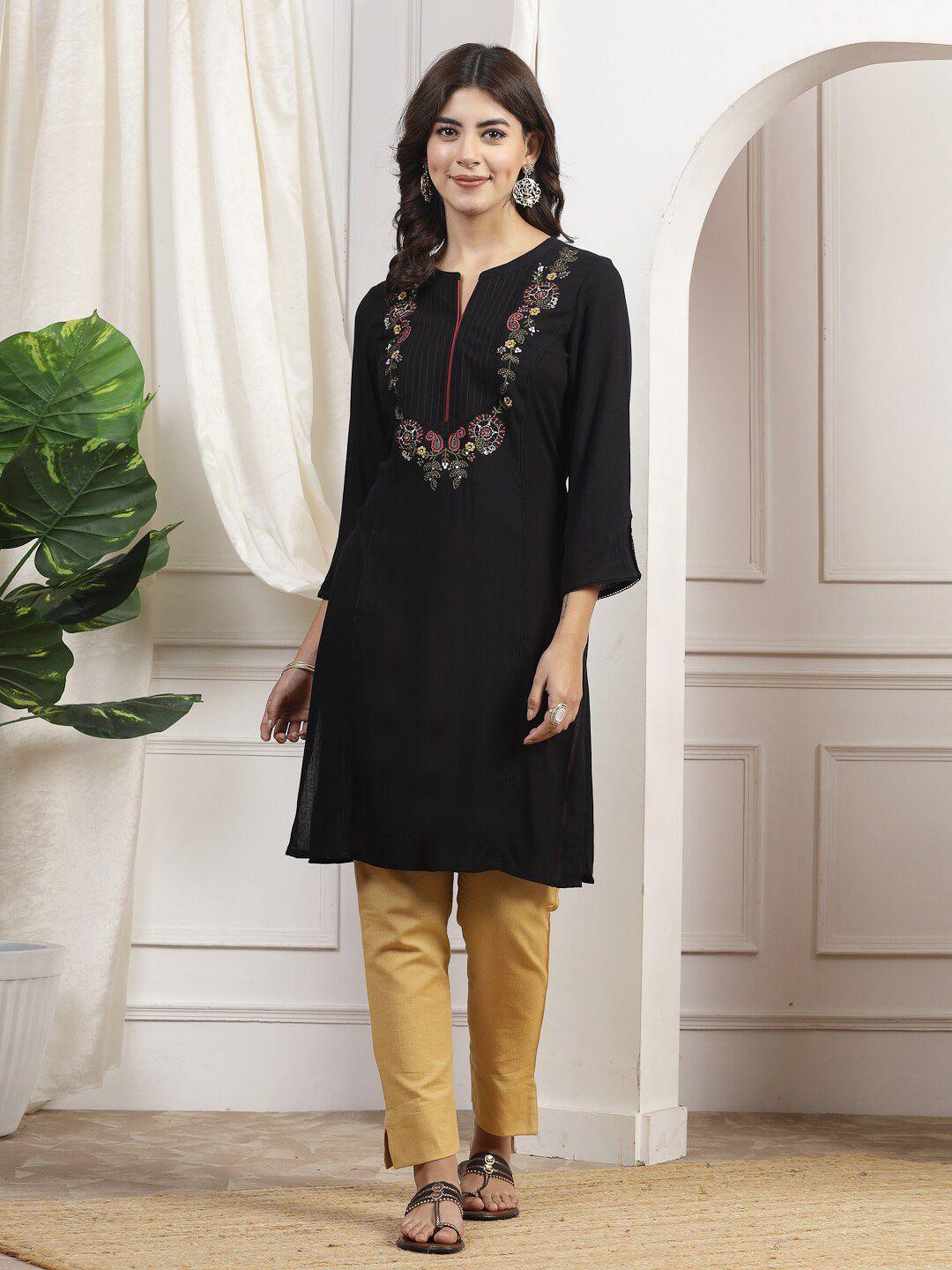 nayam by lakshita floral embroidered mandarin collar thread work straight kurta