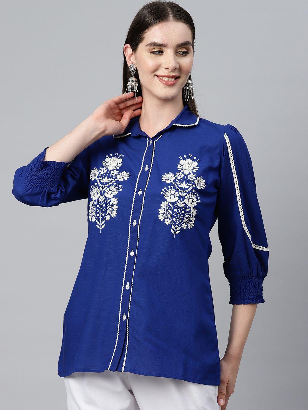 nayam by lakshita floral embroidered puff sleeve cotton linen shirt style longline top