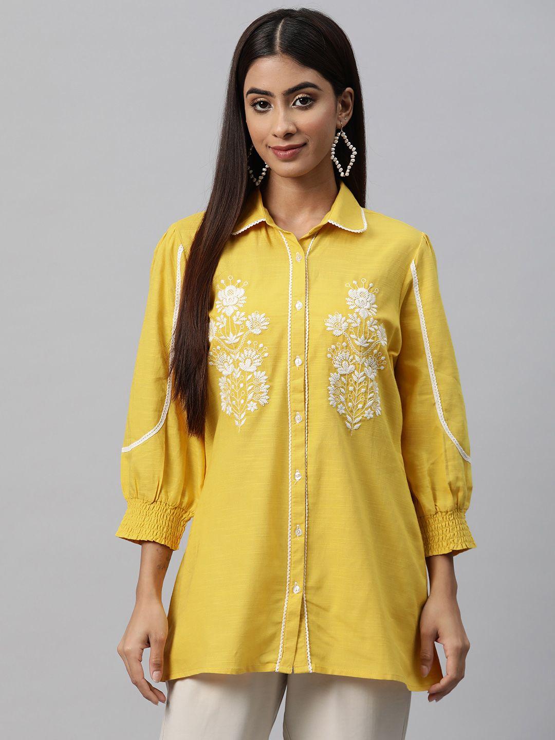 nayam by lakshita floral embroidered puff sleeve cotton shirt style top