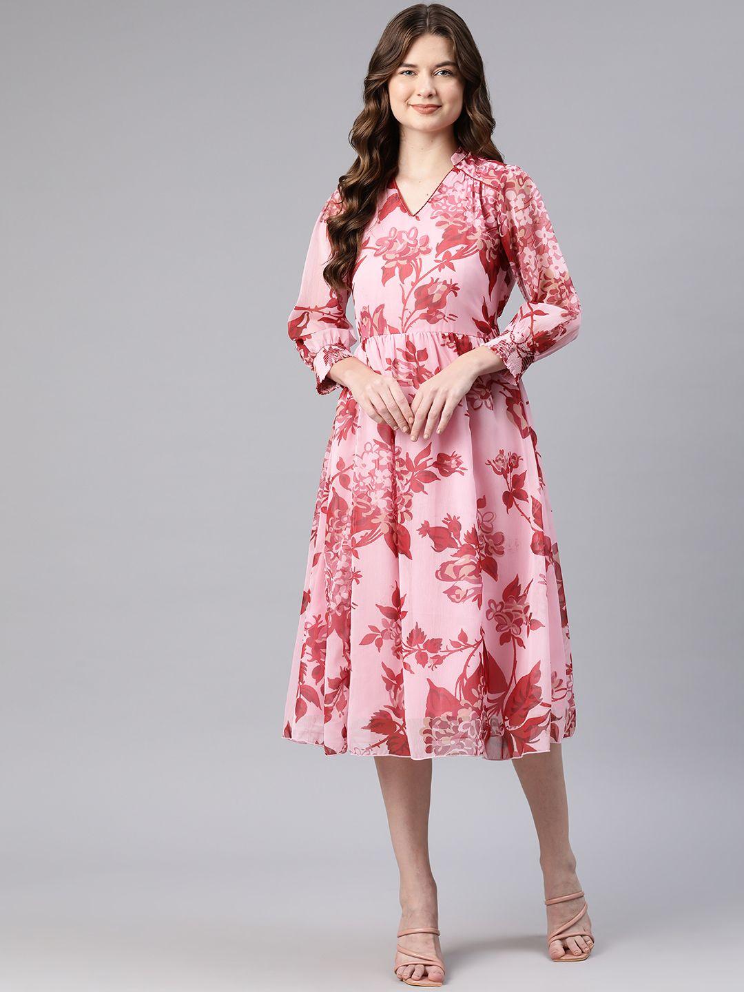 nayam by lakshita floral print puff sleeves chiffon fit & flare midi dress