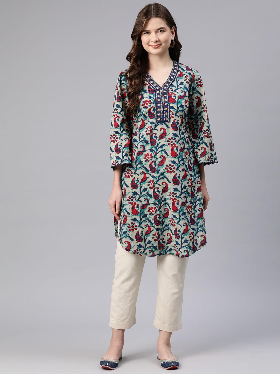 nayam by lakshita floral printed mirror work cotton cambric kurti