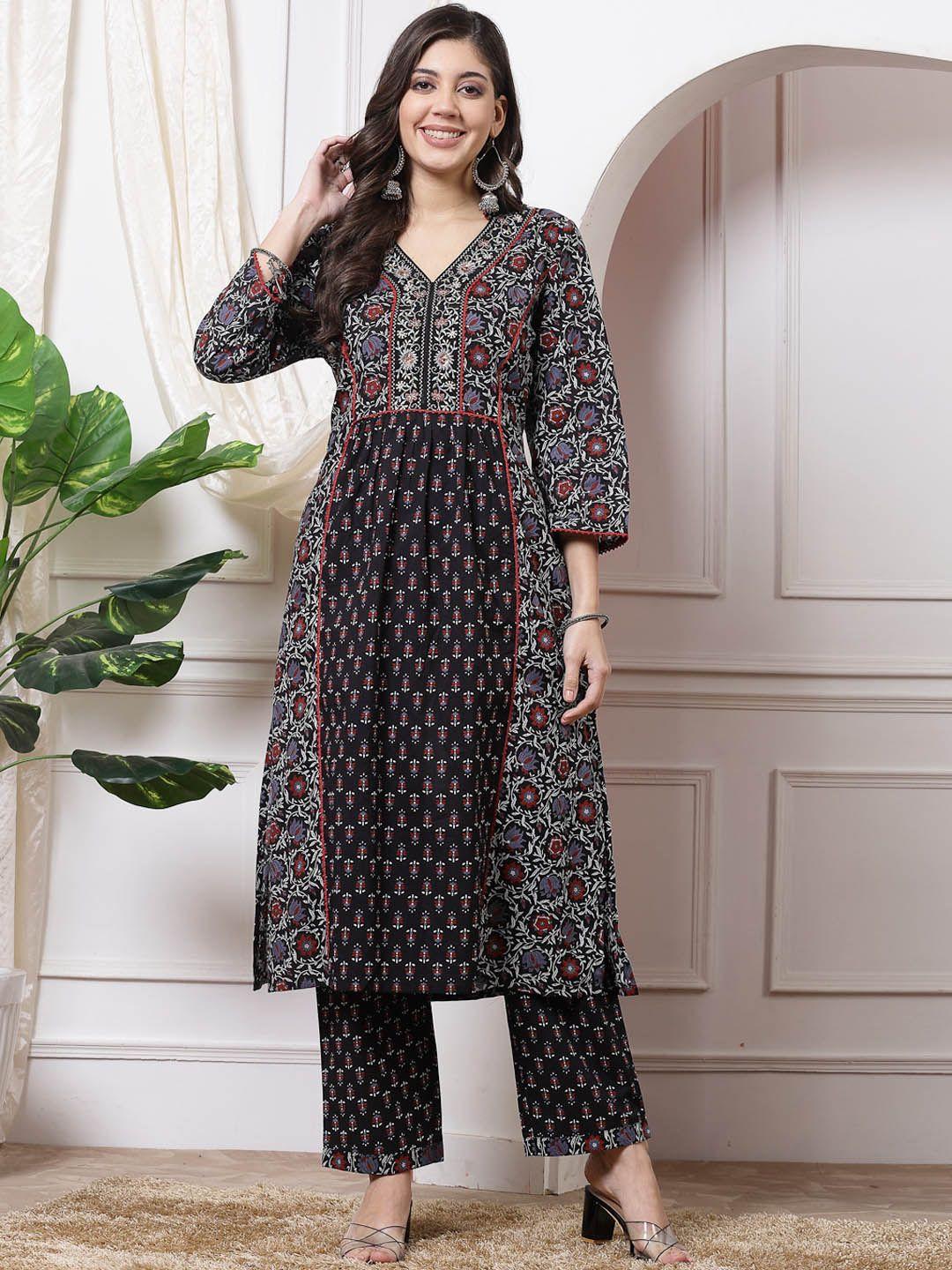 nayam by lakshita floral printed panelled thread work pure cotton kurta with palazzos