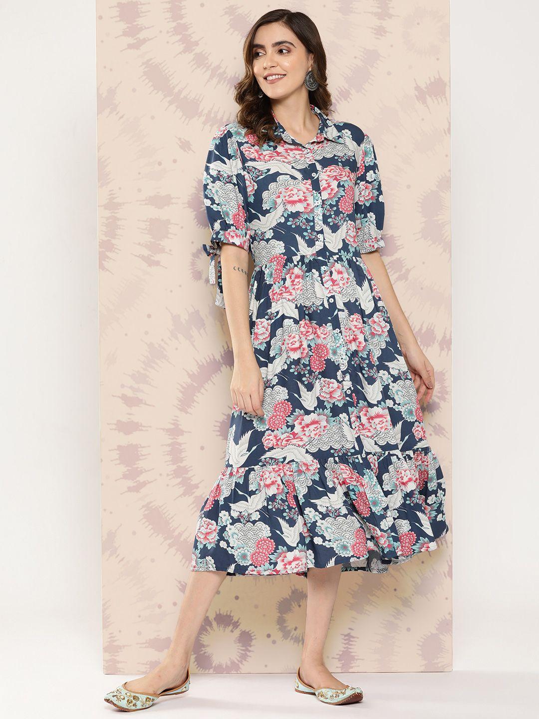 nayam by lakshita floral printed puff sleeve a-line midi dress