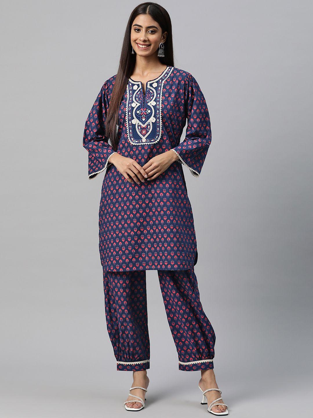 nayam by lakshita floral printed thread work pure cotton cambric kurta with harem pants