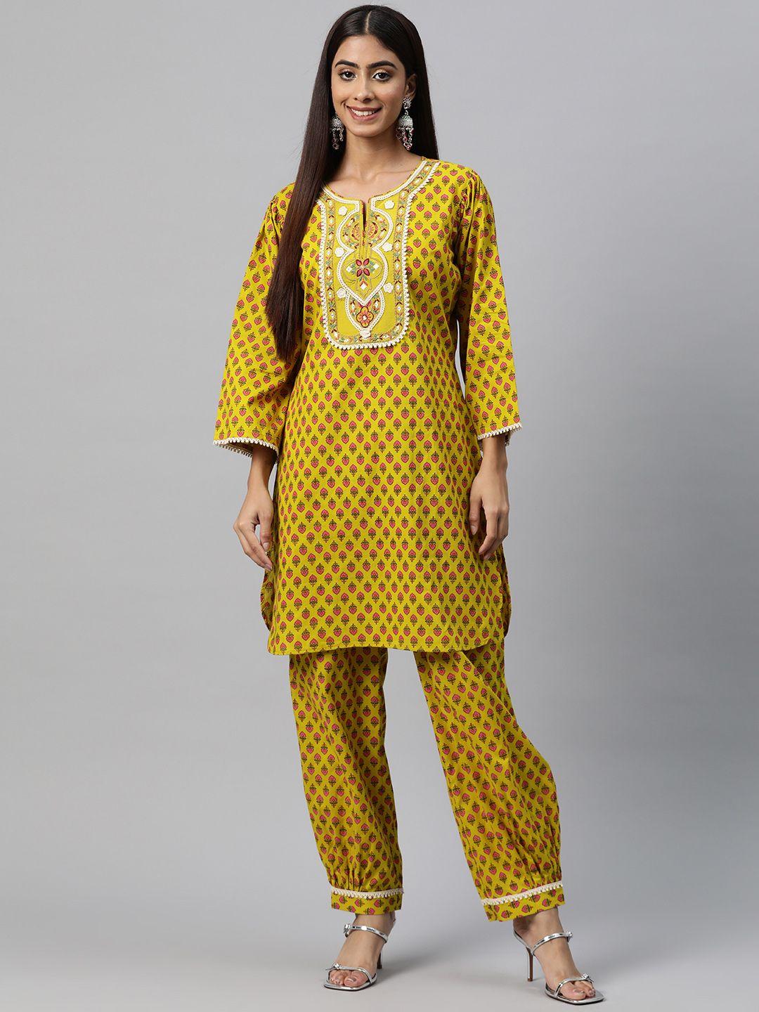 nayam by lakshita floral printed thread work pure cotton cambric kurta with harem pants