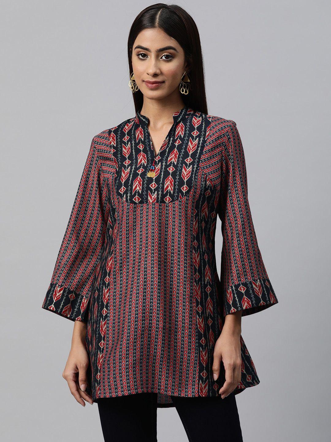 nayam by lakshita geometric print mandarin collar bell sleeve top