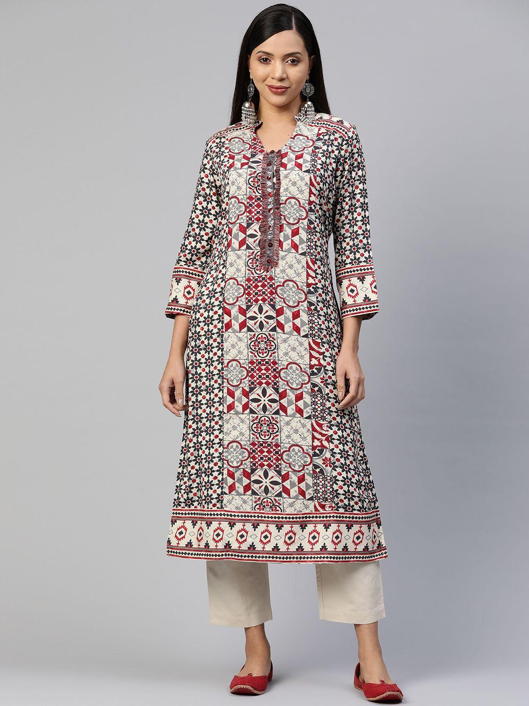 nayam by lakshita geometric printed thread work floral kurta