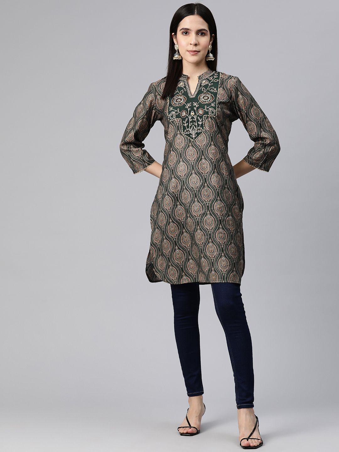 nayam by lakshita green floral embroidered sequinned modal sequinned kurti
