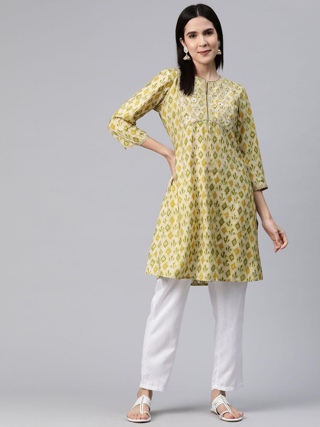 nayam by lakshita green floral printed gotta patti gotta patti kurti