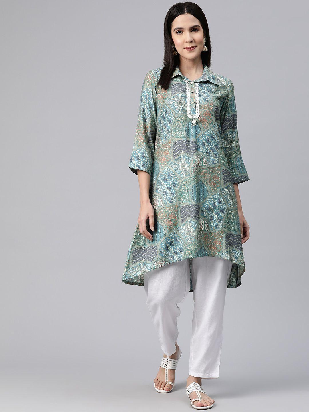nayam by lakshita green floral printed shirt collar modal kurti