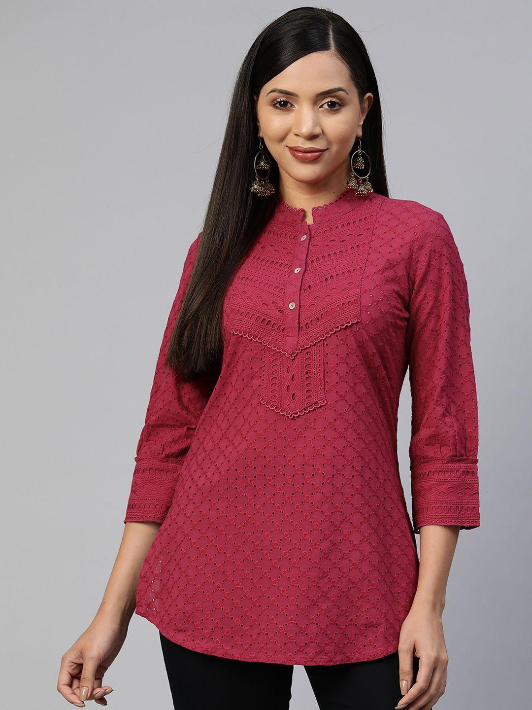 nayam by lakshita mandarin collar cotton schiffli shirt style top