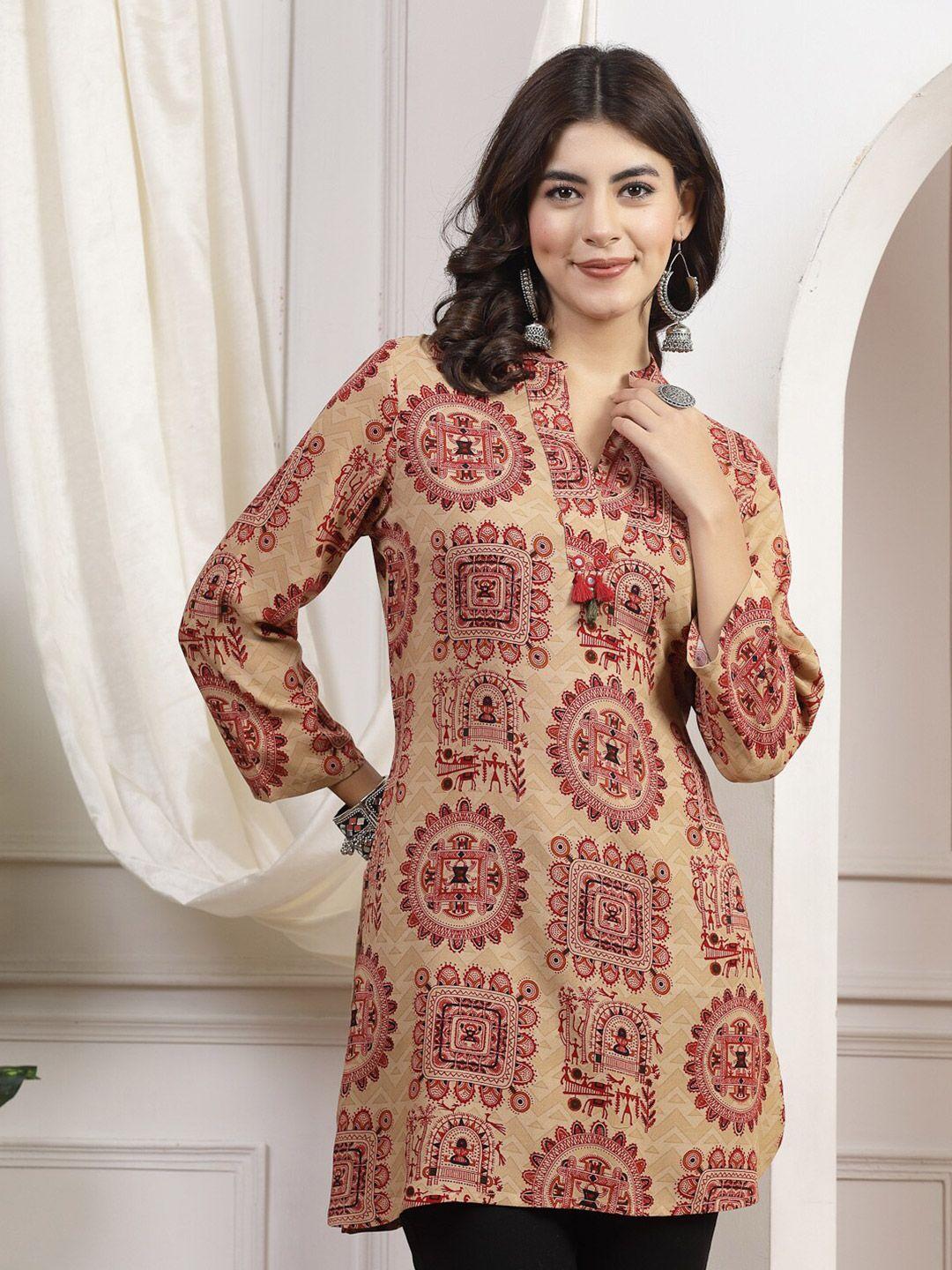 nayam by lakshita maroon & beige printed v-neck mirror work mirror work kurti