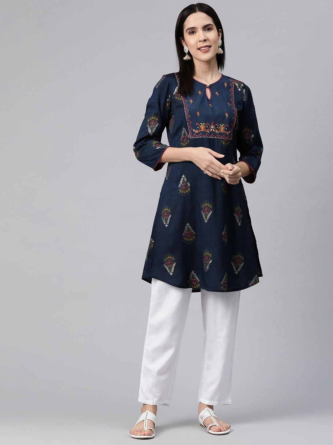 nayam by lakshita navy blue floral yoke design thread work thread work kurti