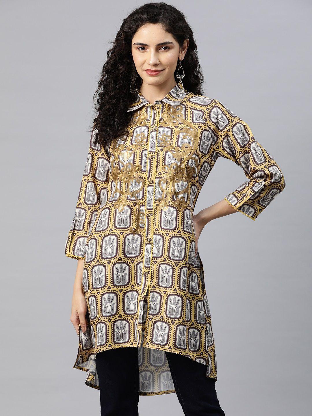 nayam by lakshita viscose rayon shirt collar printed ethnic tunic