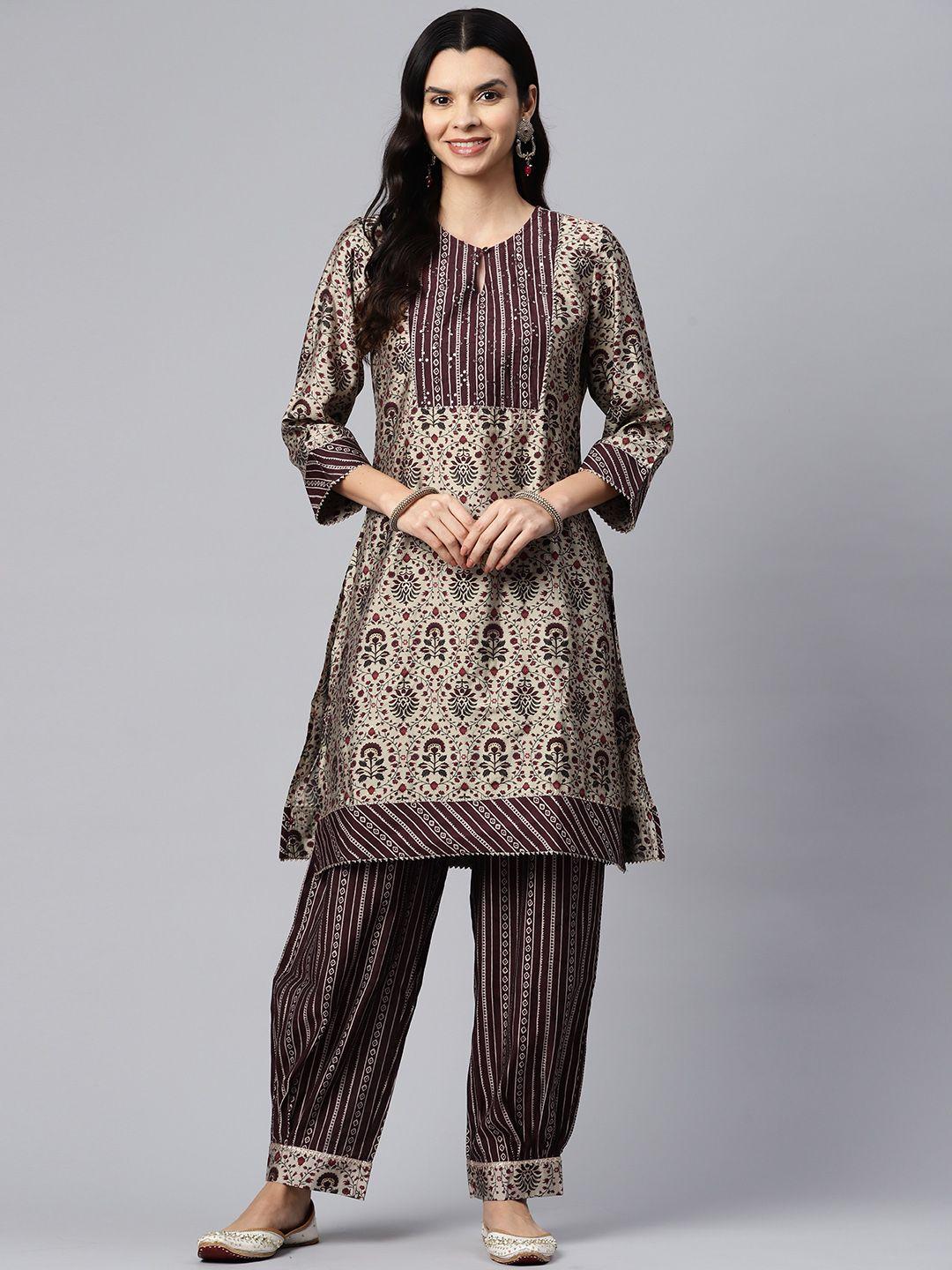 nayam by lakshita women beige floral printed regular sequinned chanderi cotton kurta with salwar