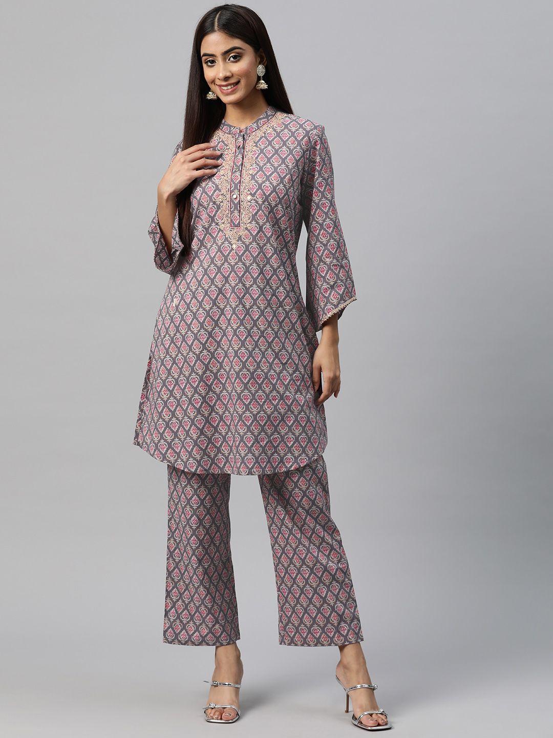 nayam by lakshita women ethnic motifs printed thread work pure cotton kurta with trousers