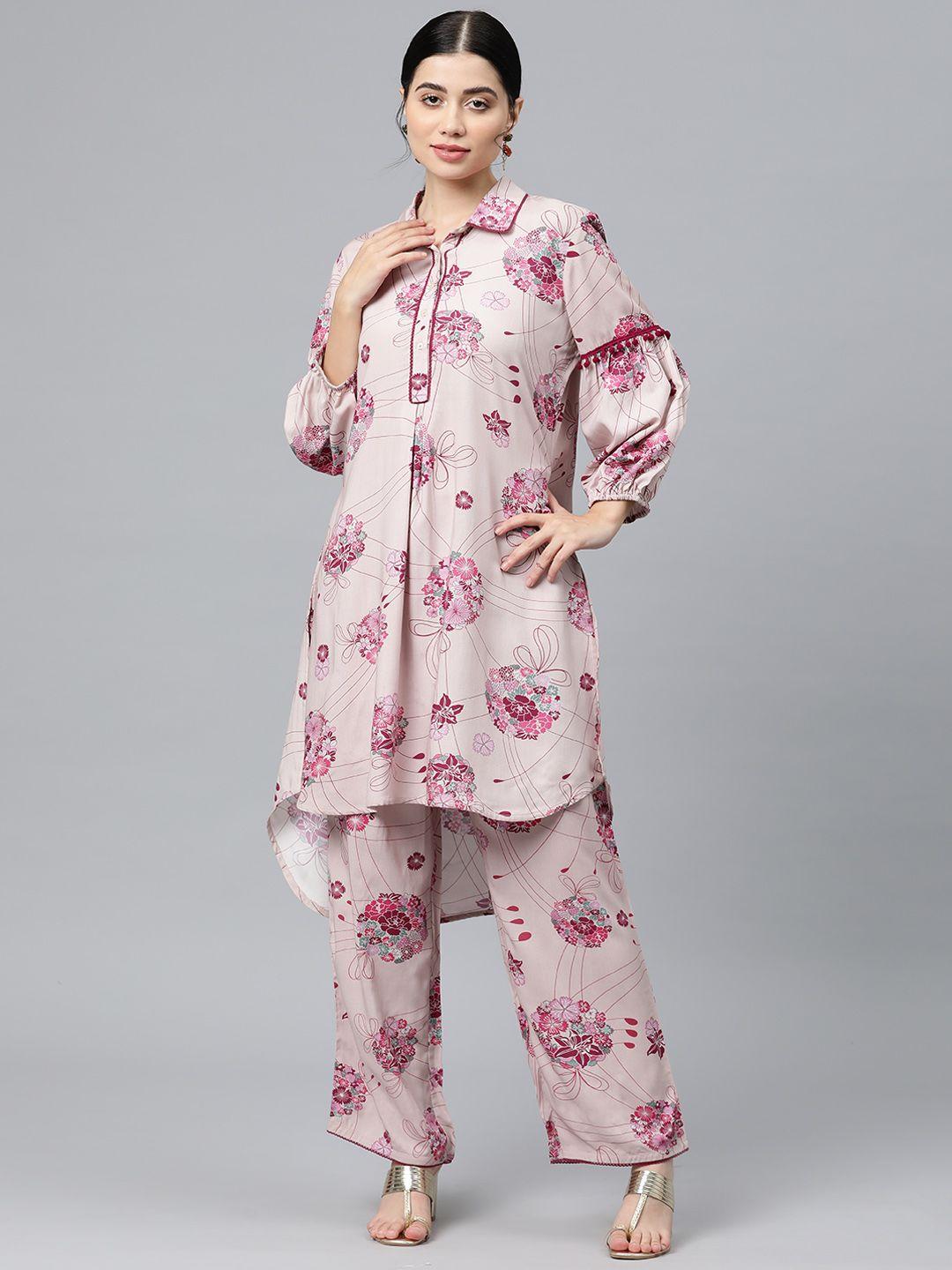 nayam by lakshita women floral printed pleated fusion pathani kurta with trousers