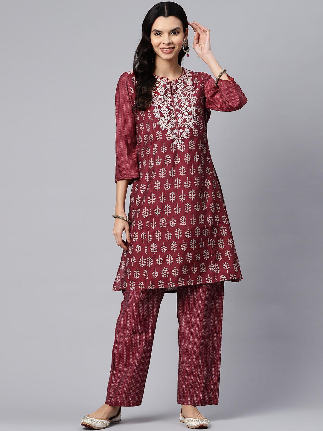 nayam by lakshita women maroon floral yoke design regular chanderi cotton kurta with palazzos