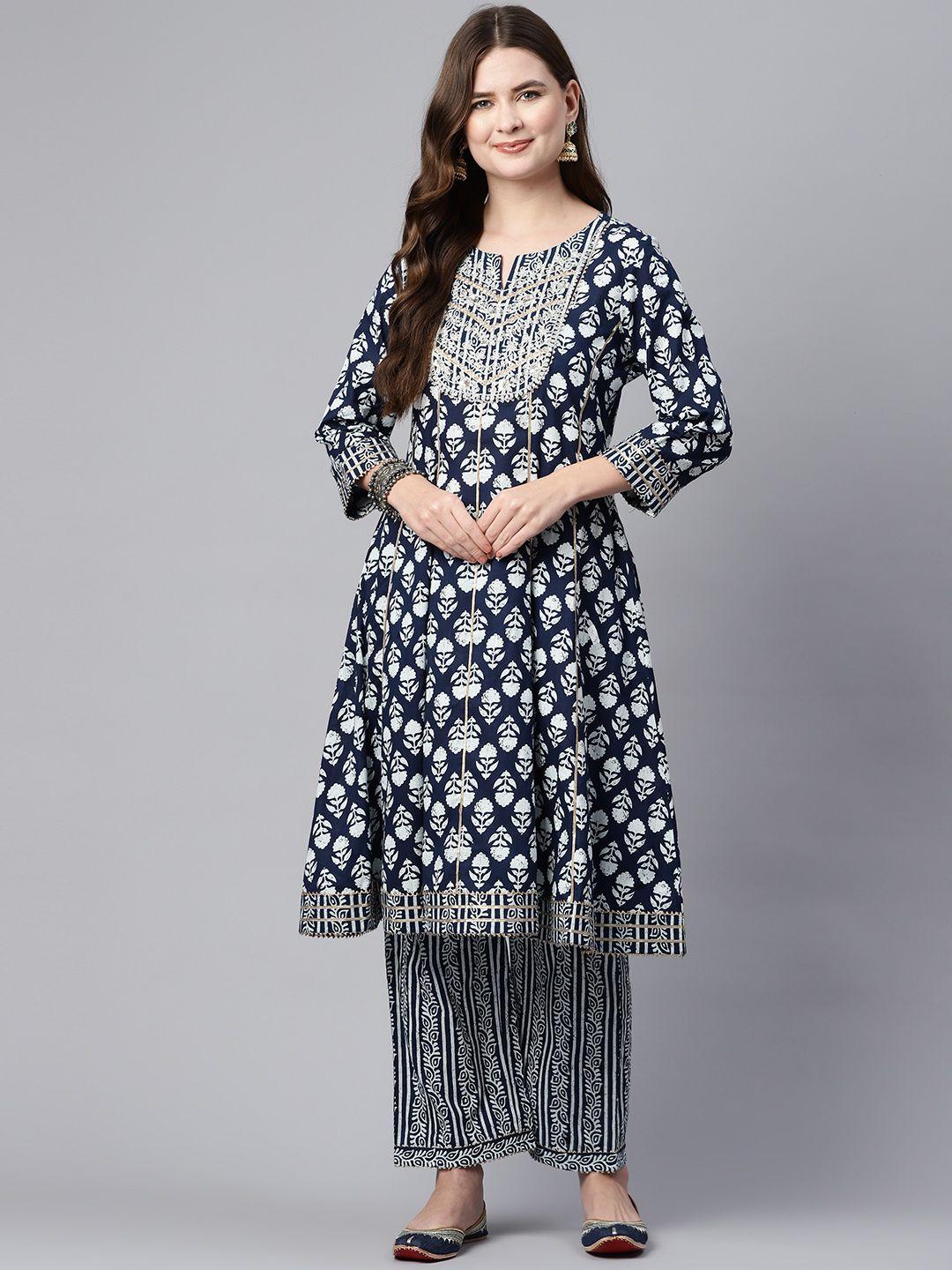 nayam by lakshita women navy blue floral embroidered regular sequinned pure cotton kurta with salwar