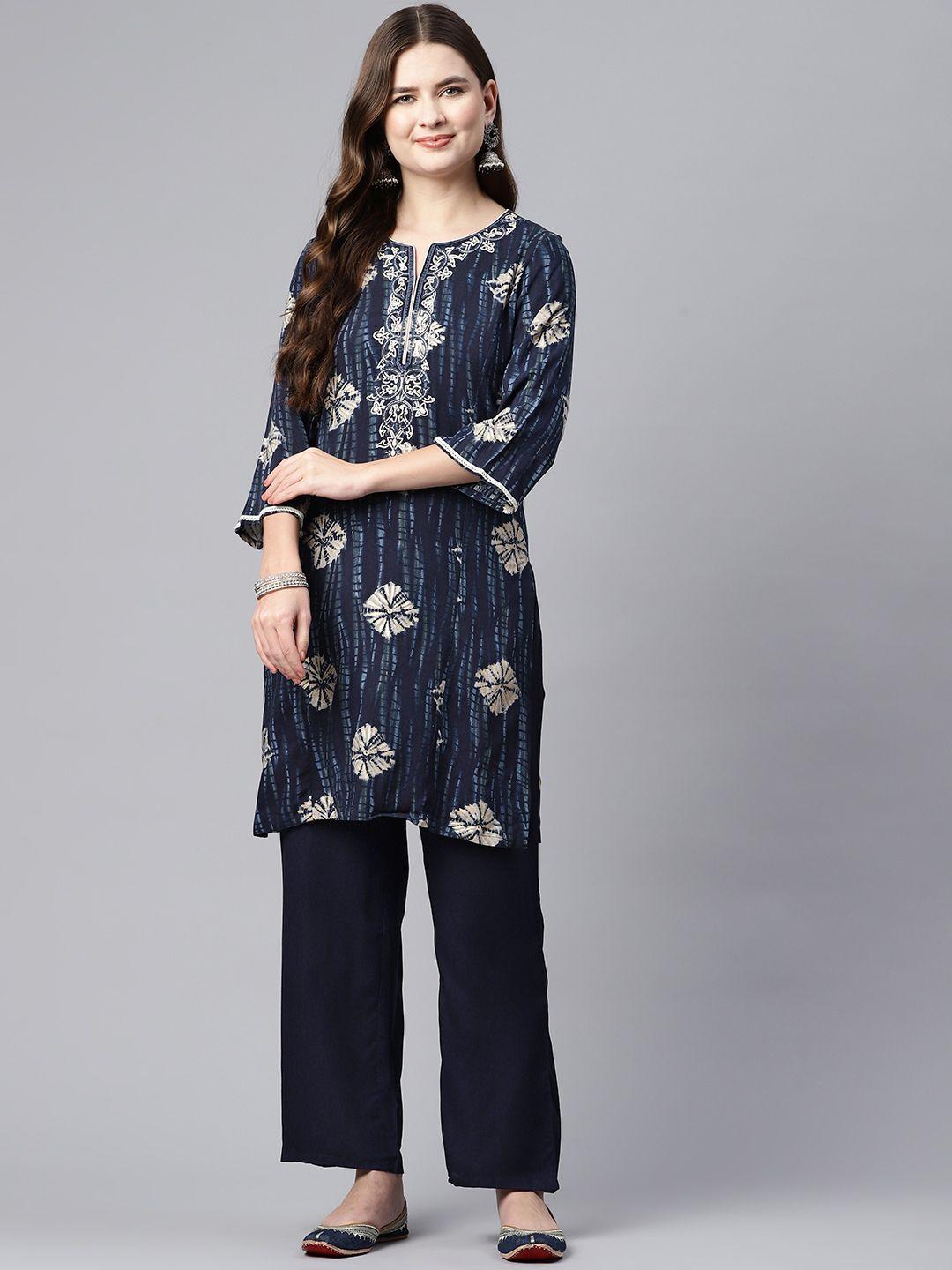 nayam by lakshita women navy blue printed regular sequinned kurta with palazzos