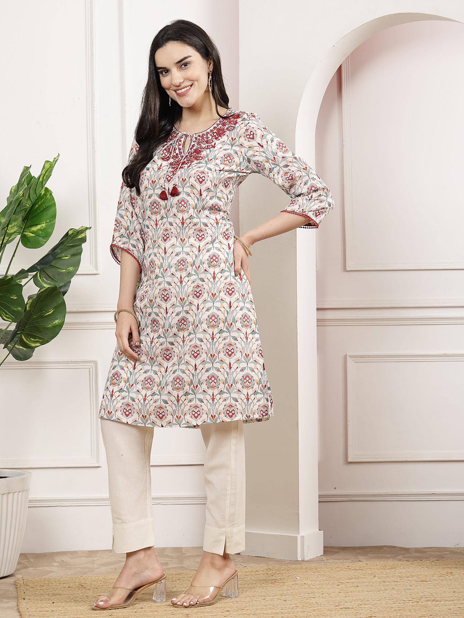 nayam printed embroidery beige kurta