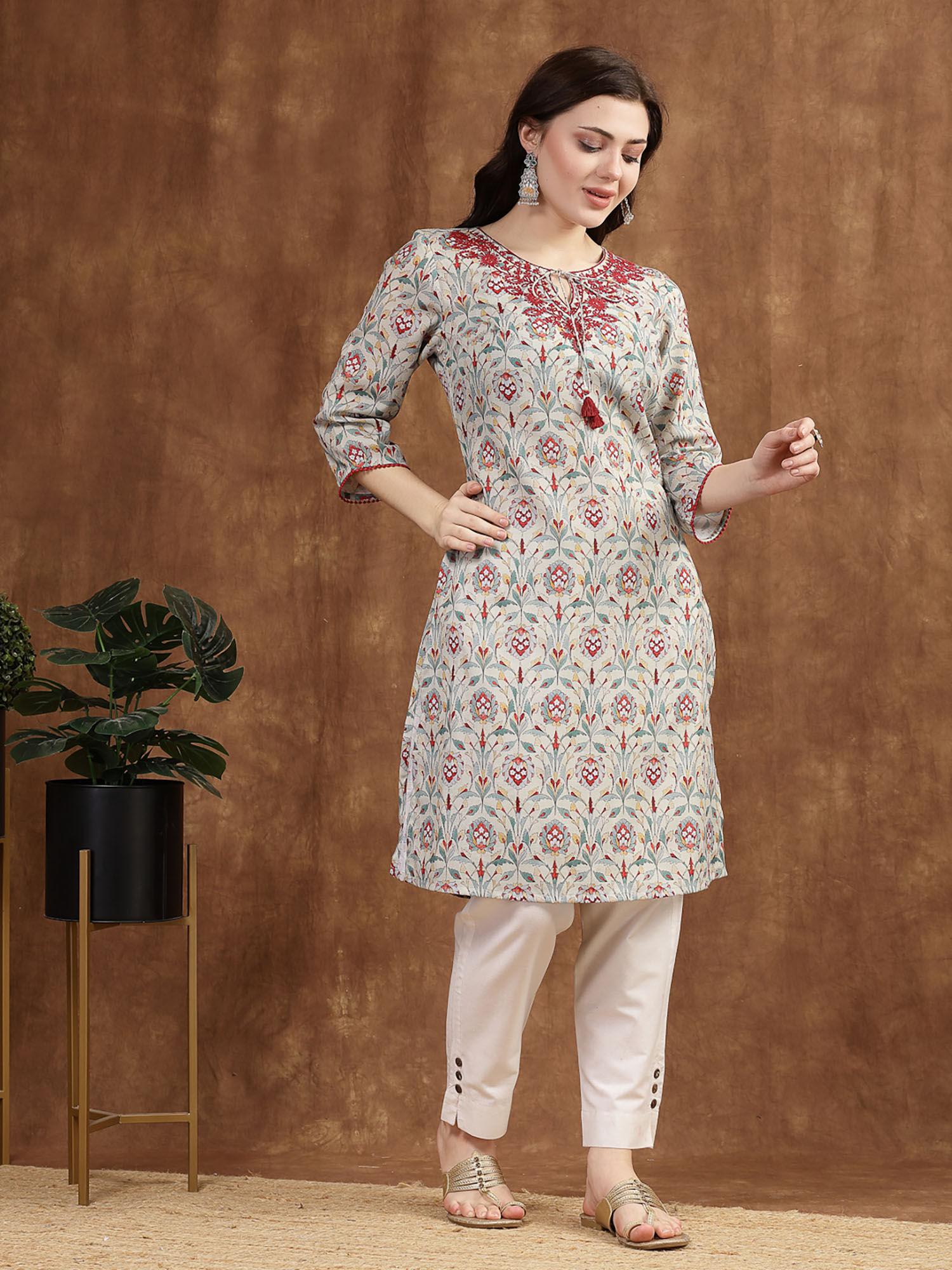 nayam printed embroidery green kurta