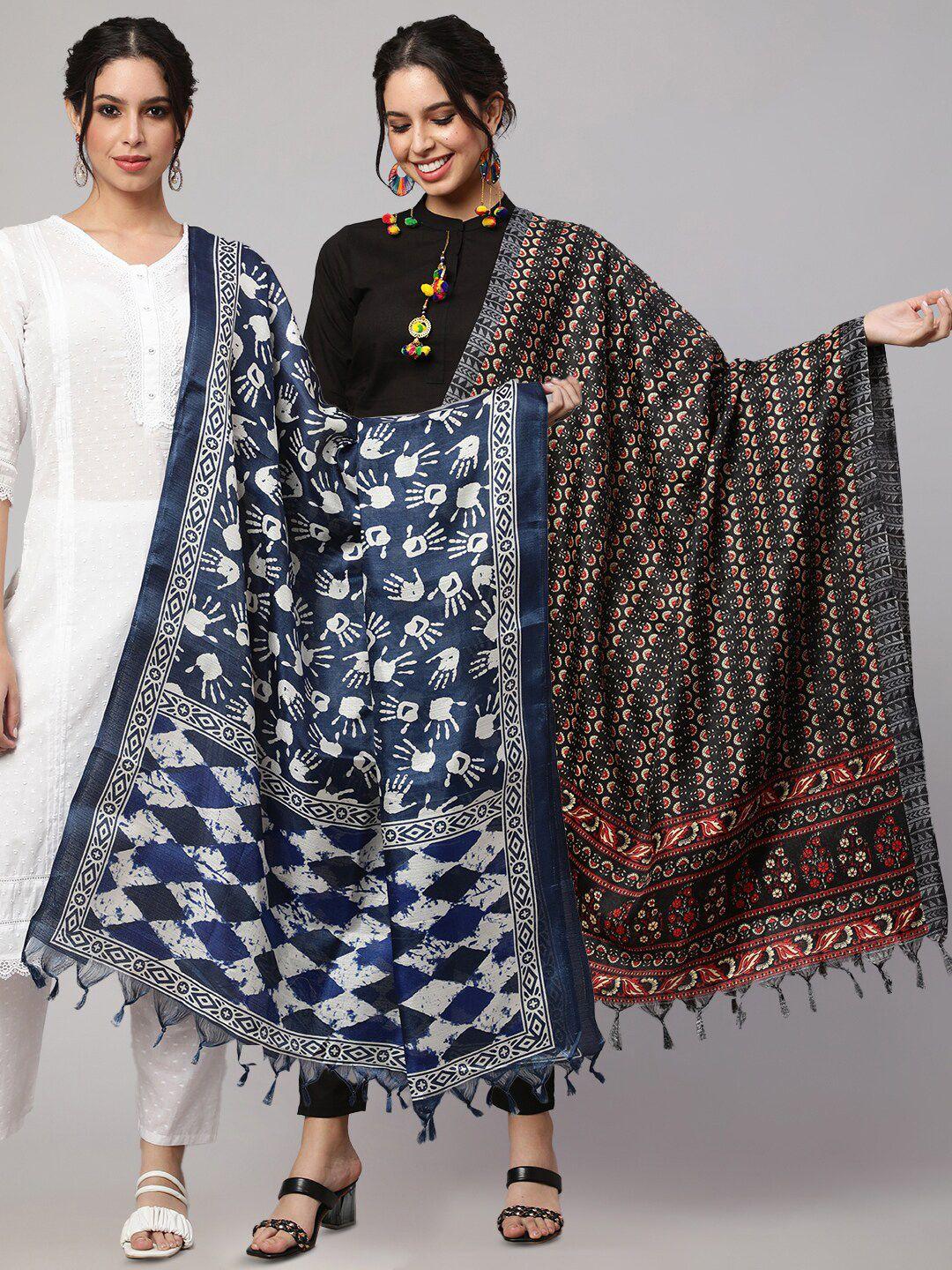 nayo blue & black ethnic motifs printed art silk dupatta