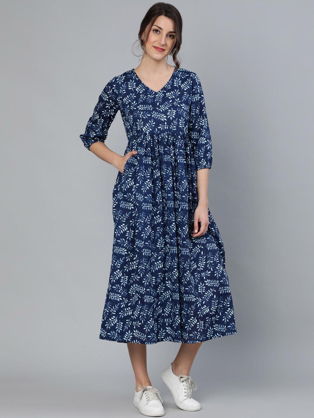 nayo blue tropical fit and flare cotton dress