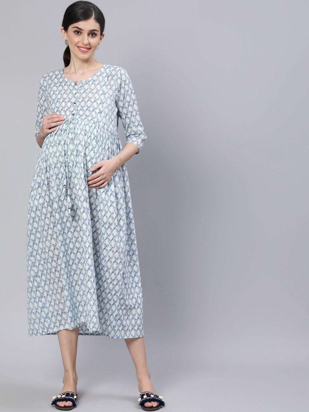 nayo off white ethnic motifs maternity nursing a-line midi dress