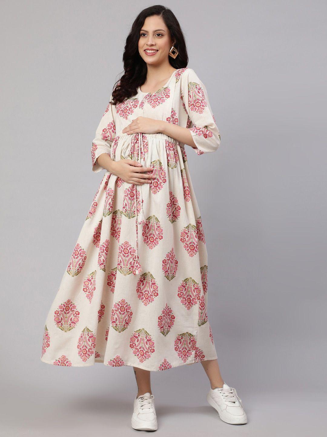nayo off white floral printed round neck tie up cotton fit & flare maternity dress
