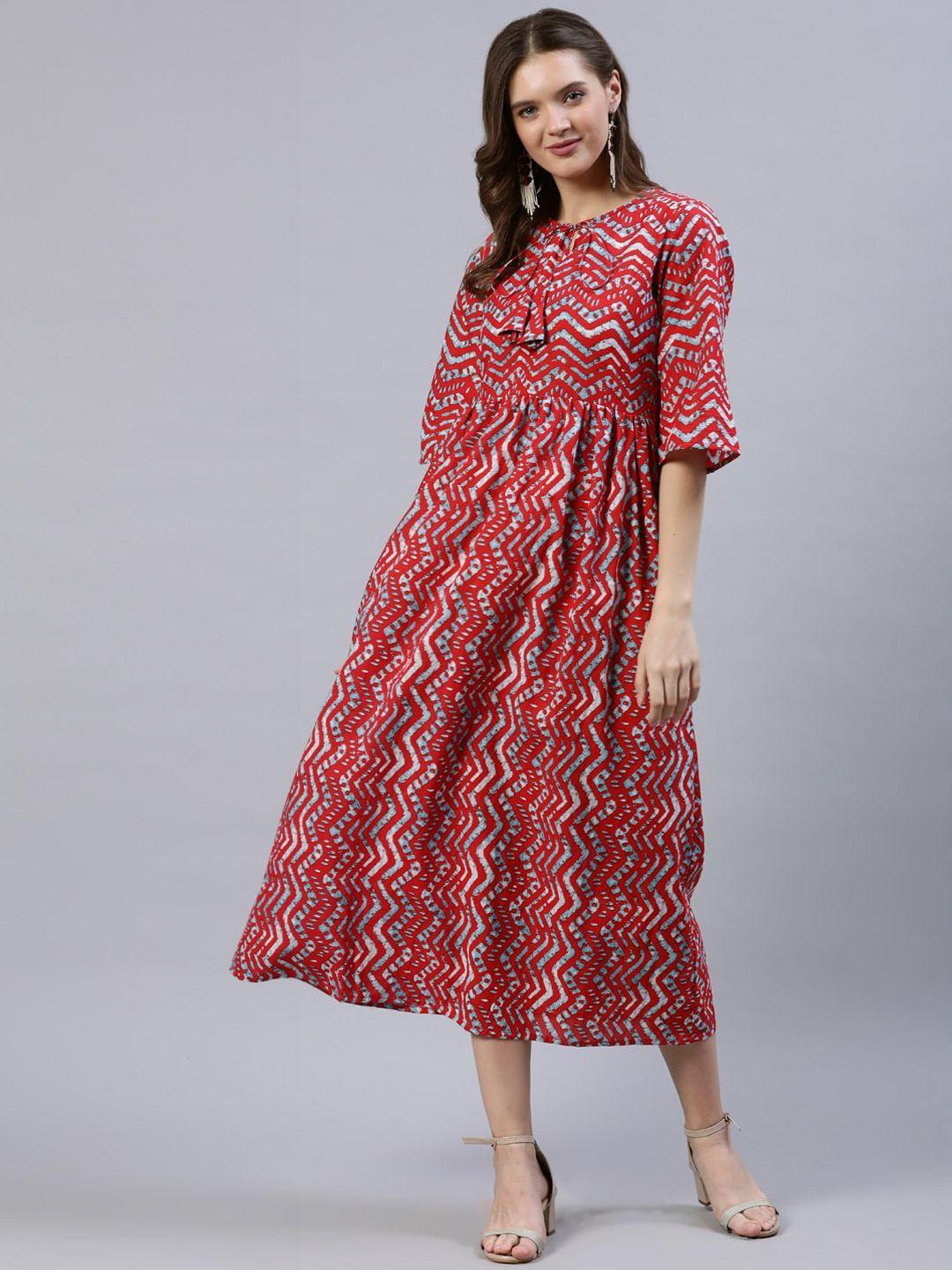 nayo red & blue zig-zag print three-quarter sleeves midi a-line dress