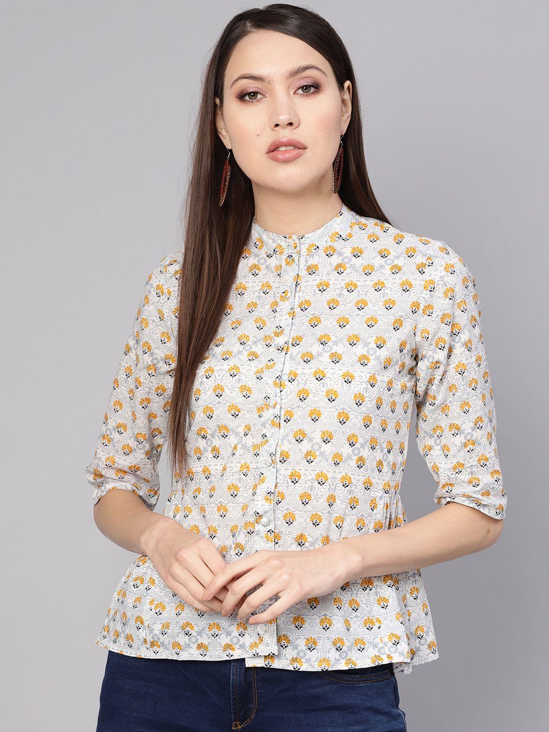 nayo women blue & mustard yellow printed pure cotton shirt style pure cotton top
