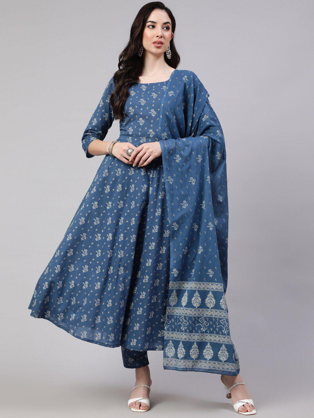 nayo women blue floral printed empire pure cotton kurta with trousers & with dupatta