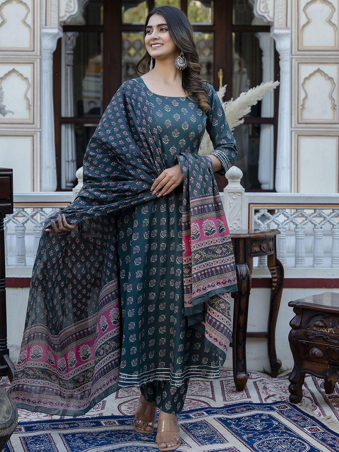 nayo women ethnic motifs printed empire gotta patti pure cotton kurta with trousers & with dupatta