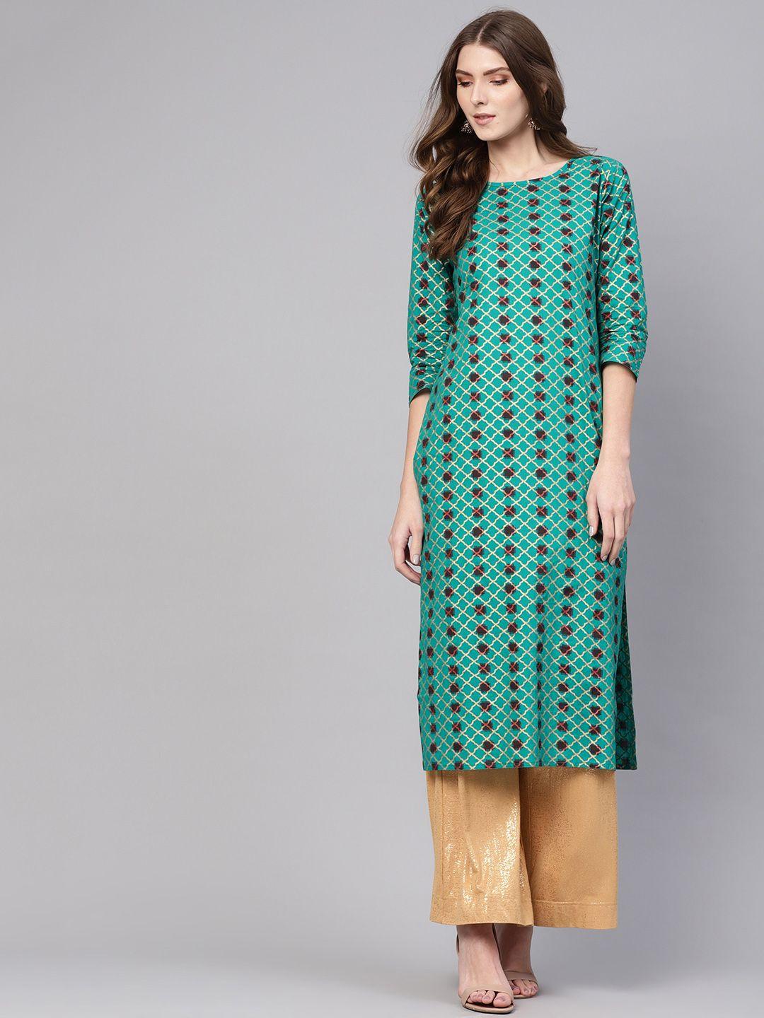 nayo women green & brown printed straight kurta