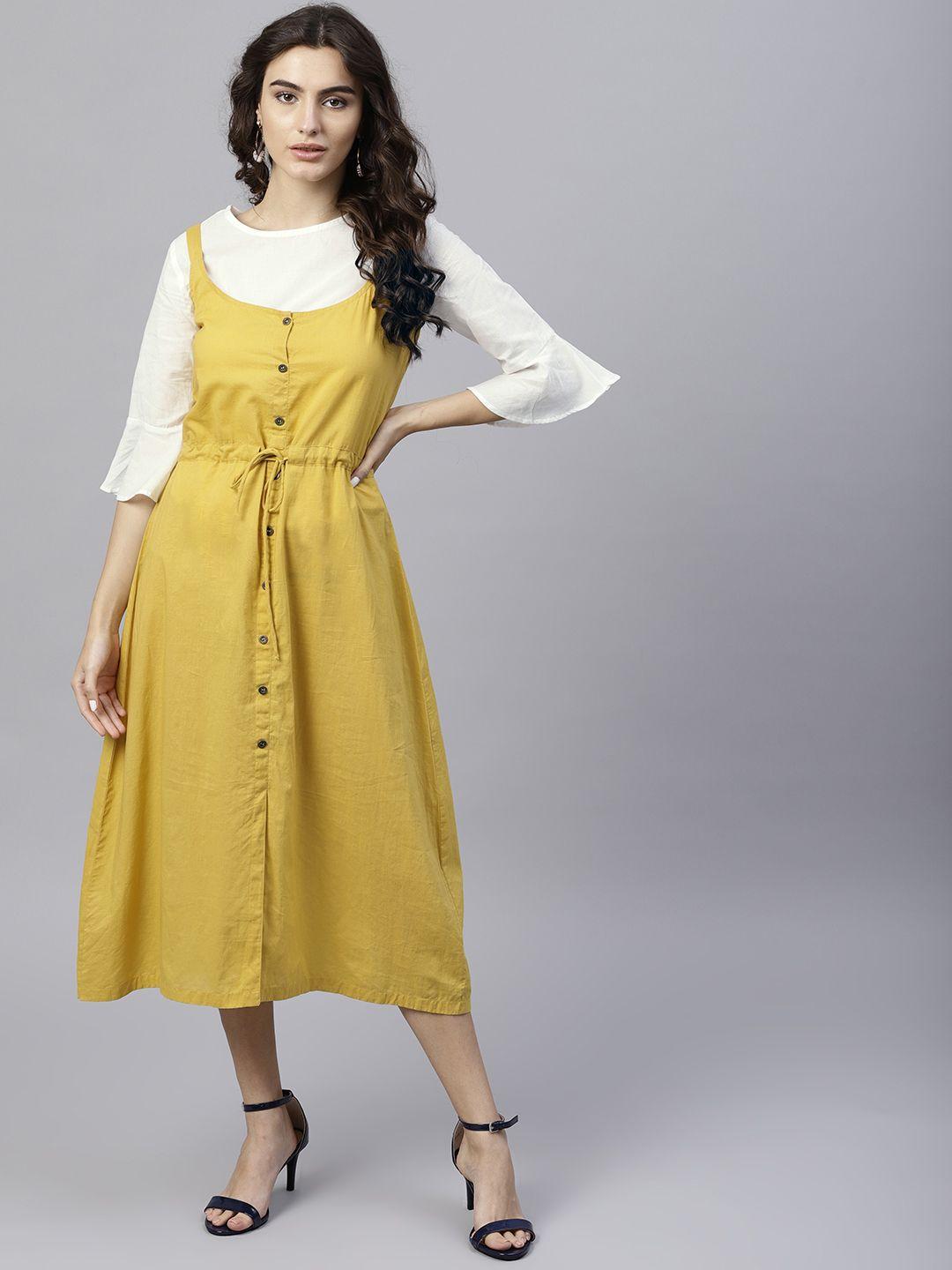 nayo women mustard yellow & white solid a-line dress