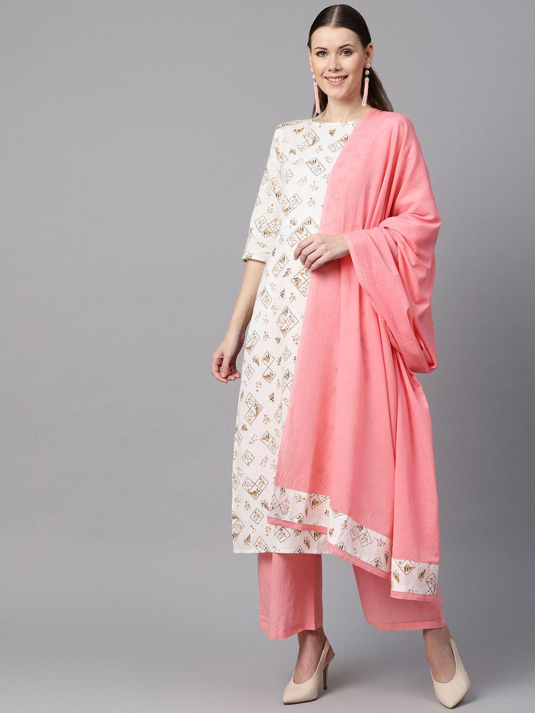 nayo women white & pink printed kurta with palazzos & dupatta