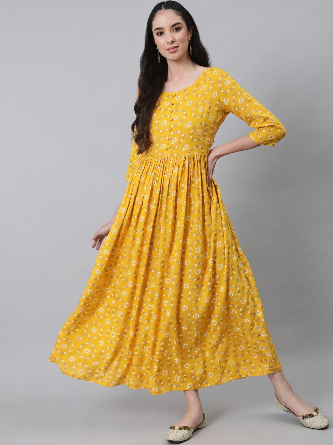 nayo women yellow ethnic motif printed three quarter sleeves dress