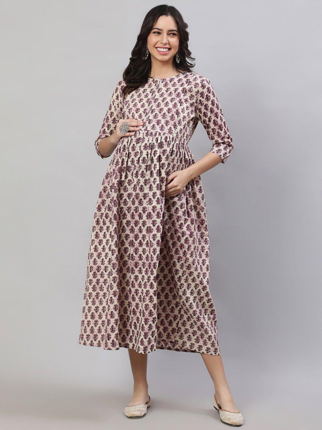 nayo beige floral printed gathered cotton maternity fit & flare midi ethnic dress