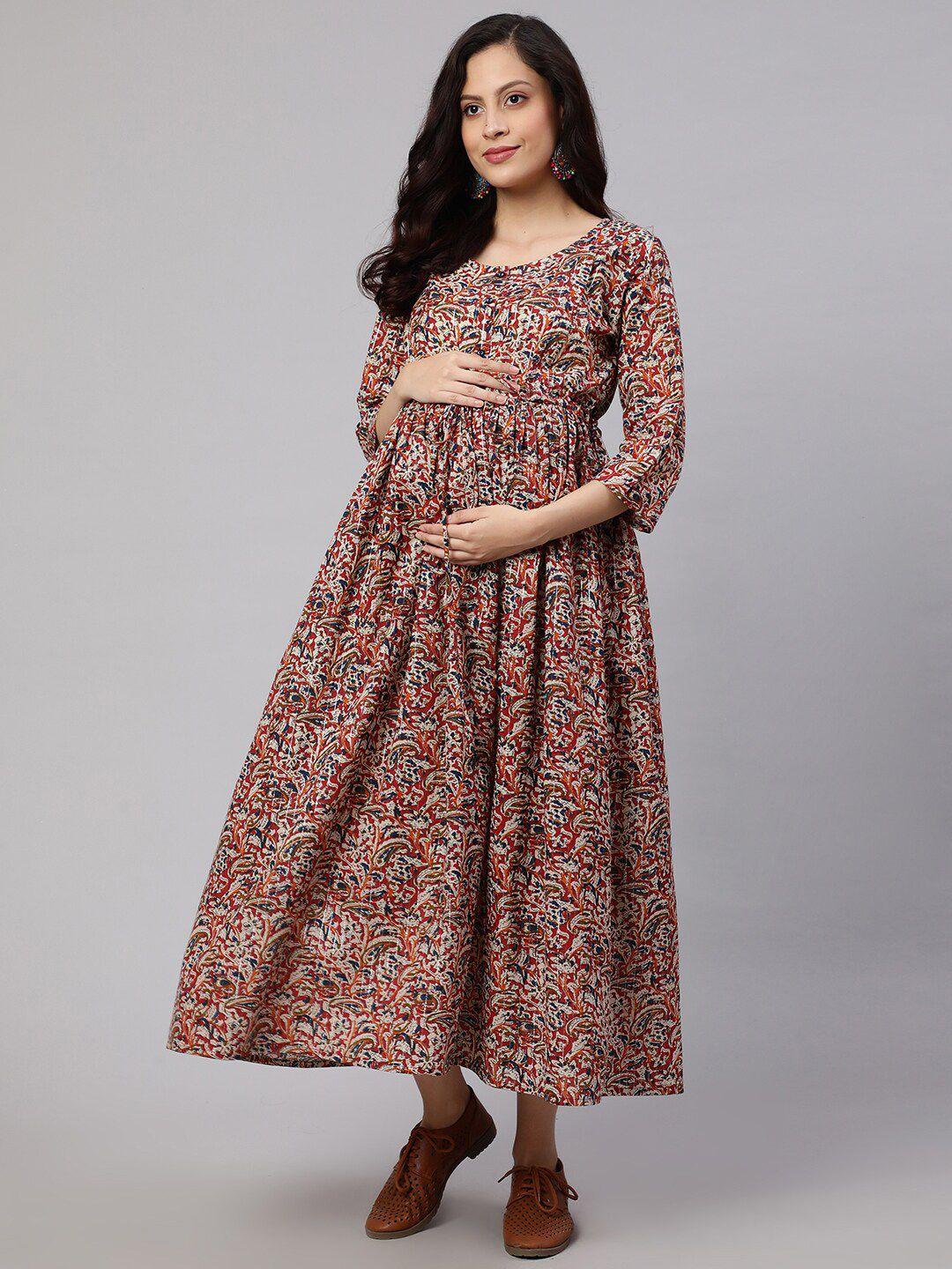 nayo beige paisley printed cotton maternity feeding a-line dress