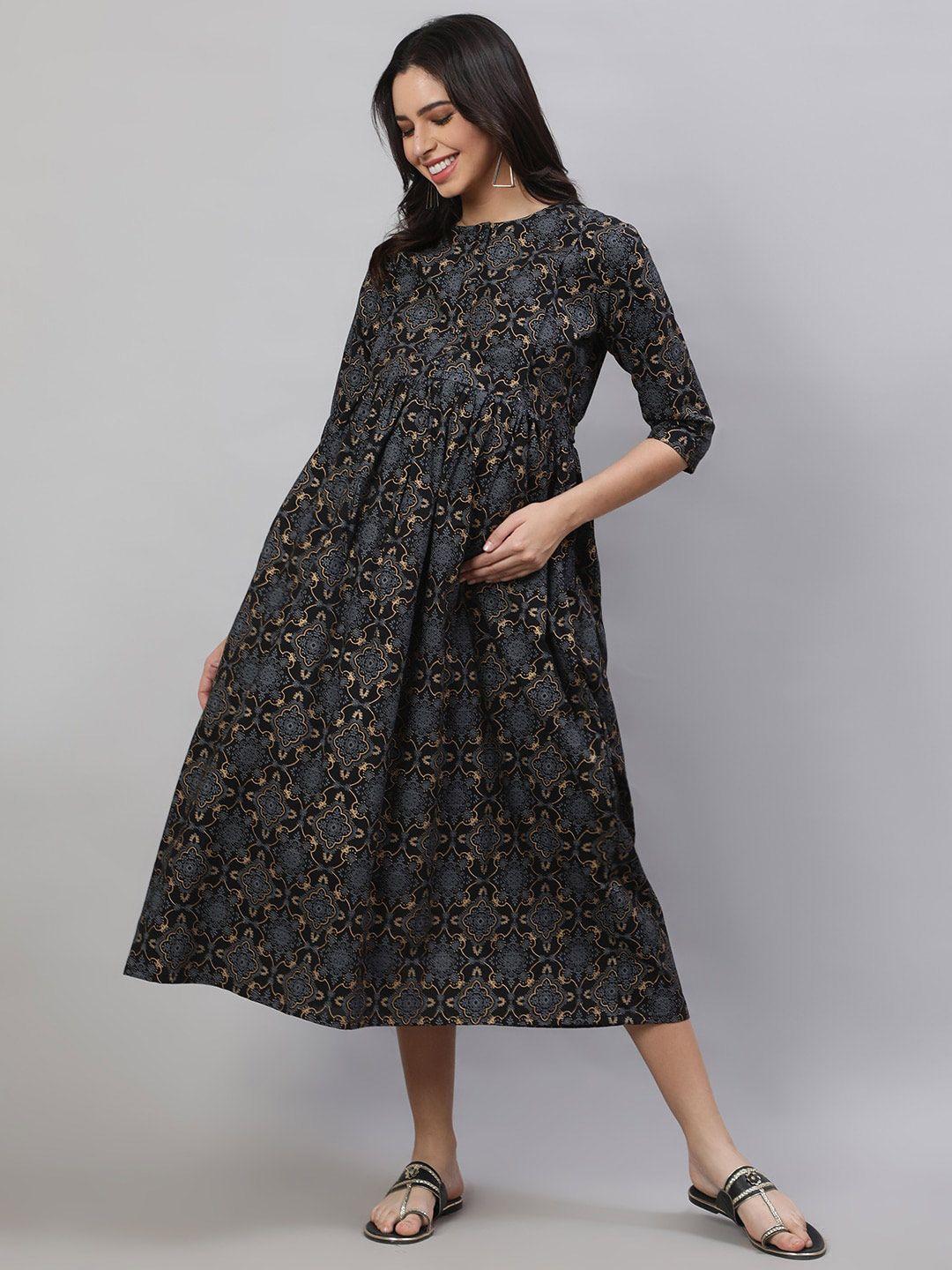 nayo black ethnic motifs printed gathered cotton maternity fit & flare midi ethnic dress