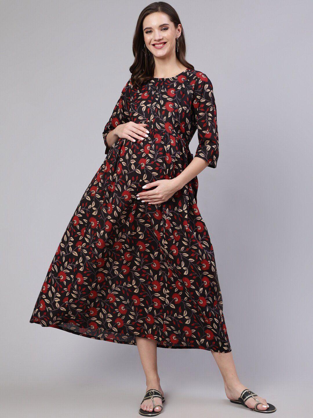 nayo black floral print maternity fit & flare midi dress