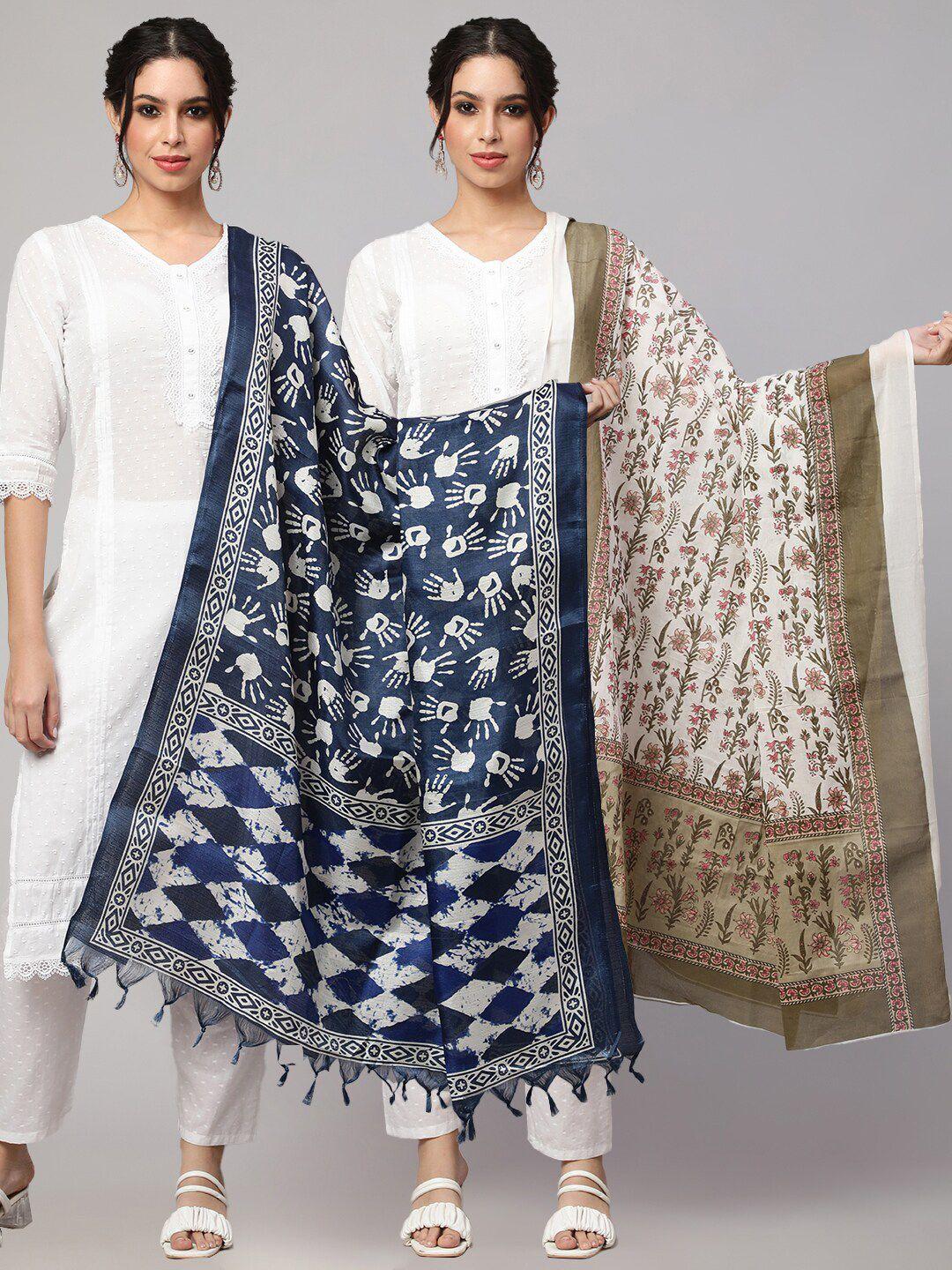 nayo blue & off white ethnic motifs printed art silk dupatta