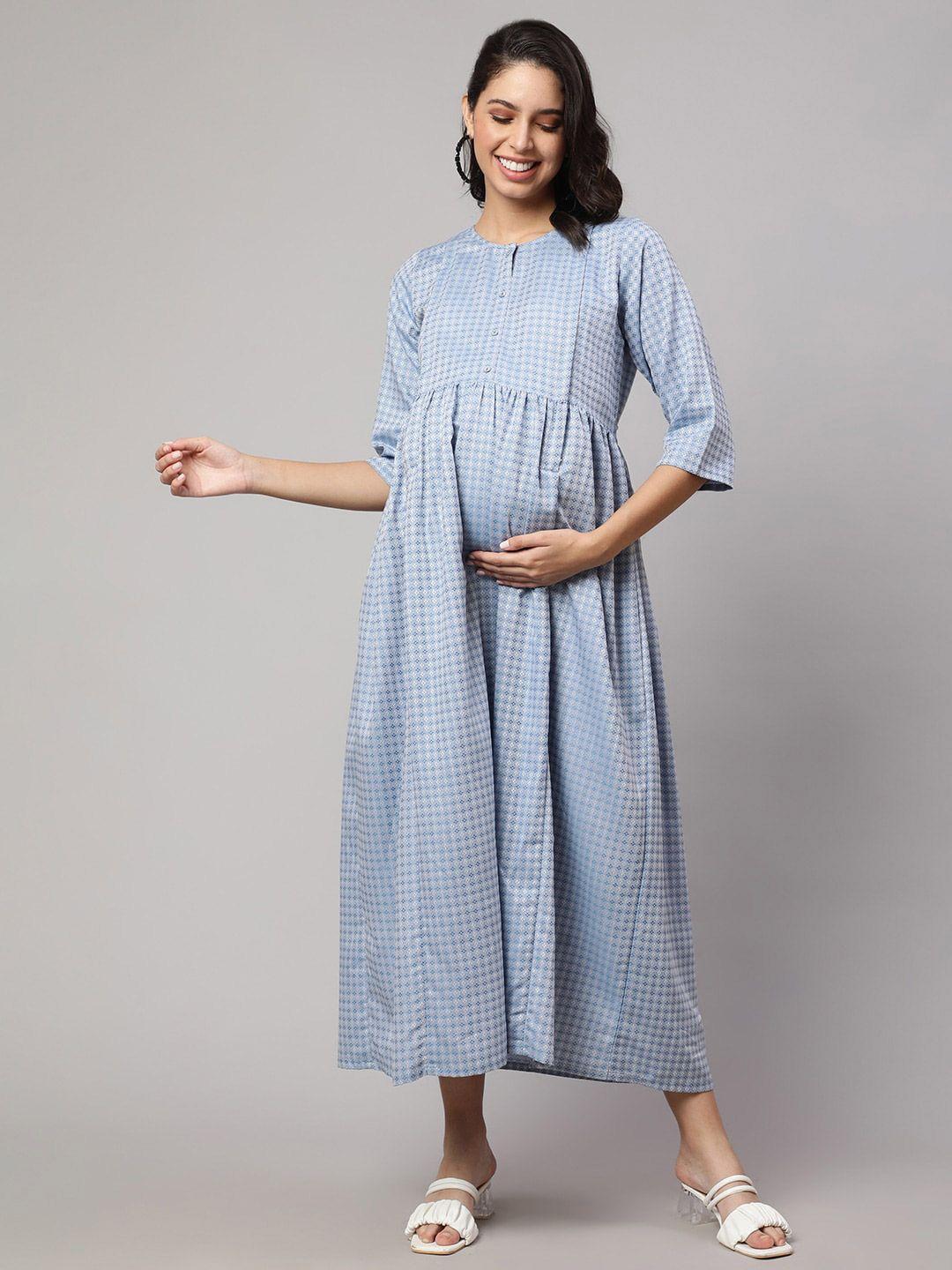 nayo blue checked round neck gathered fit & flare maternity dress