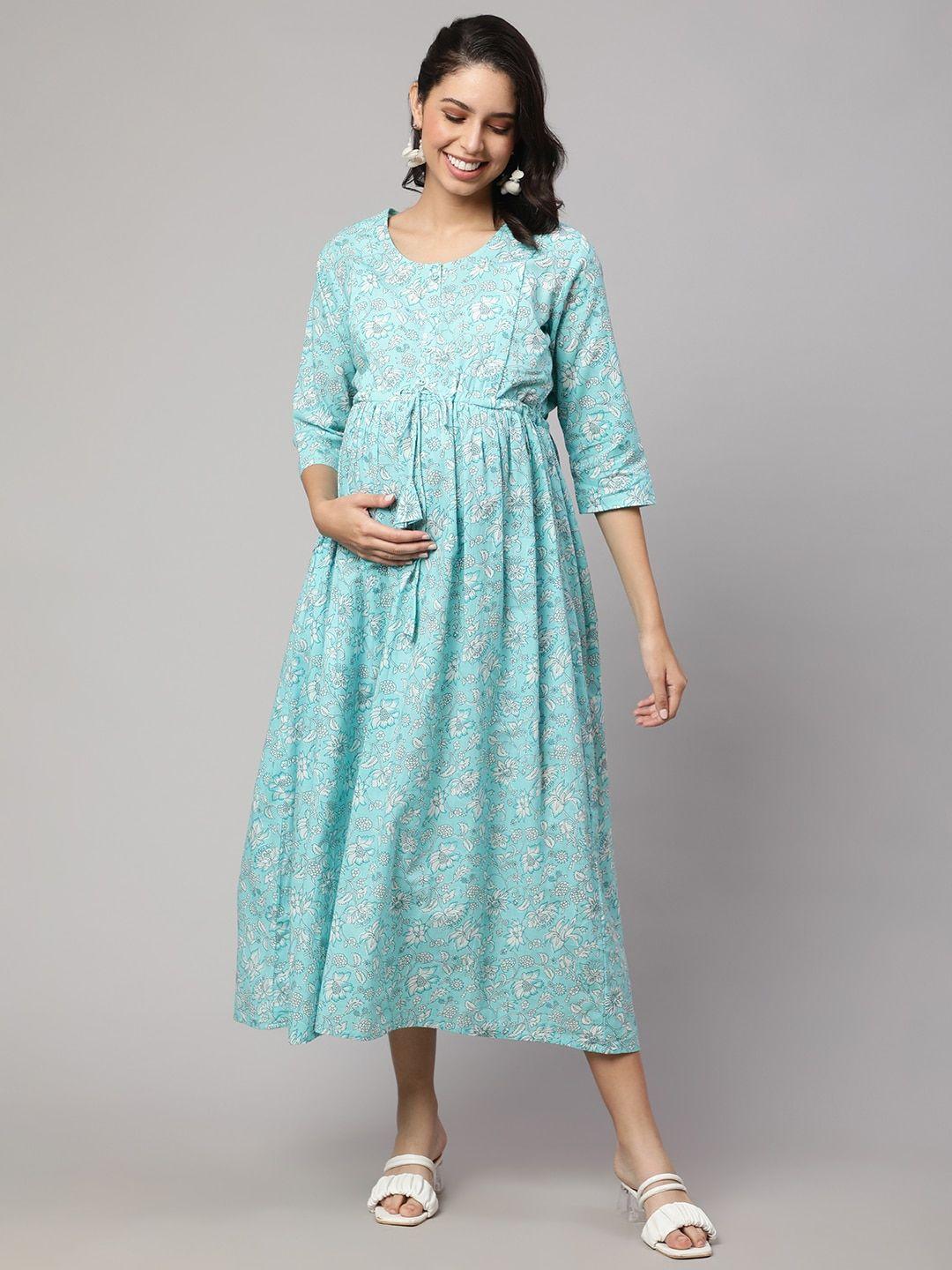 nayo blue ethnic motifs print maternity a-line midi dress