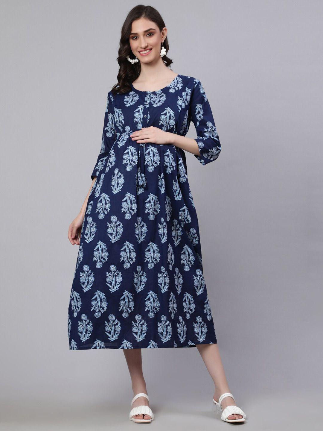 nayo blue ethnic motifs print maternity empire midi dress