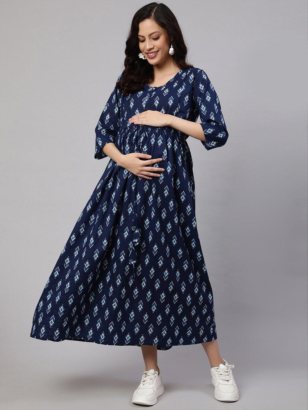 nayo blue ethnic motifs print maternity maxi dress