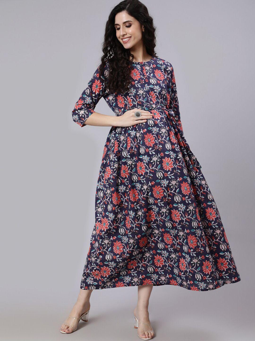 nayo blue floral maternity cotton maxi dress