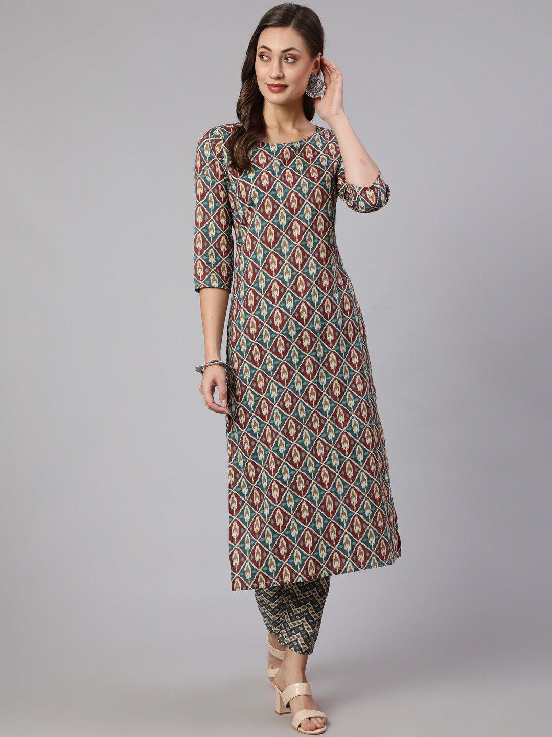 nayo ethnic motif printed pure cotton kurta with trousers