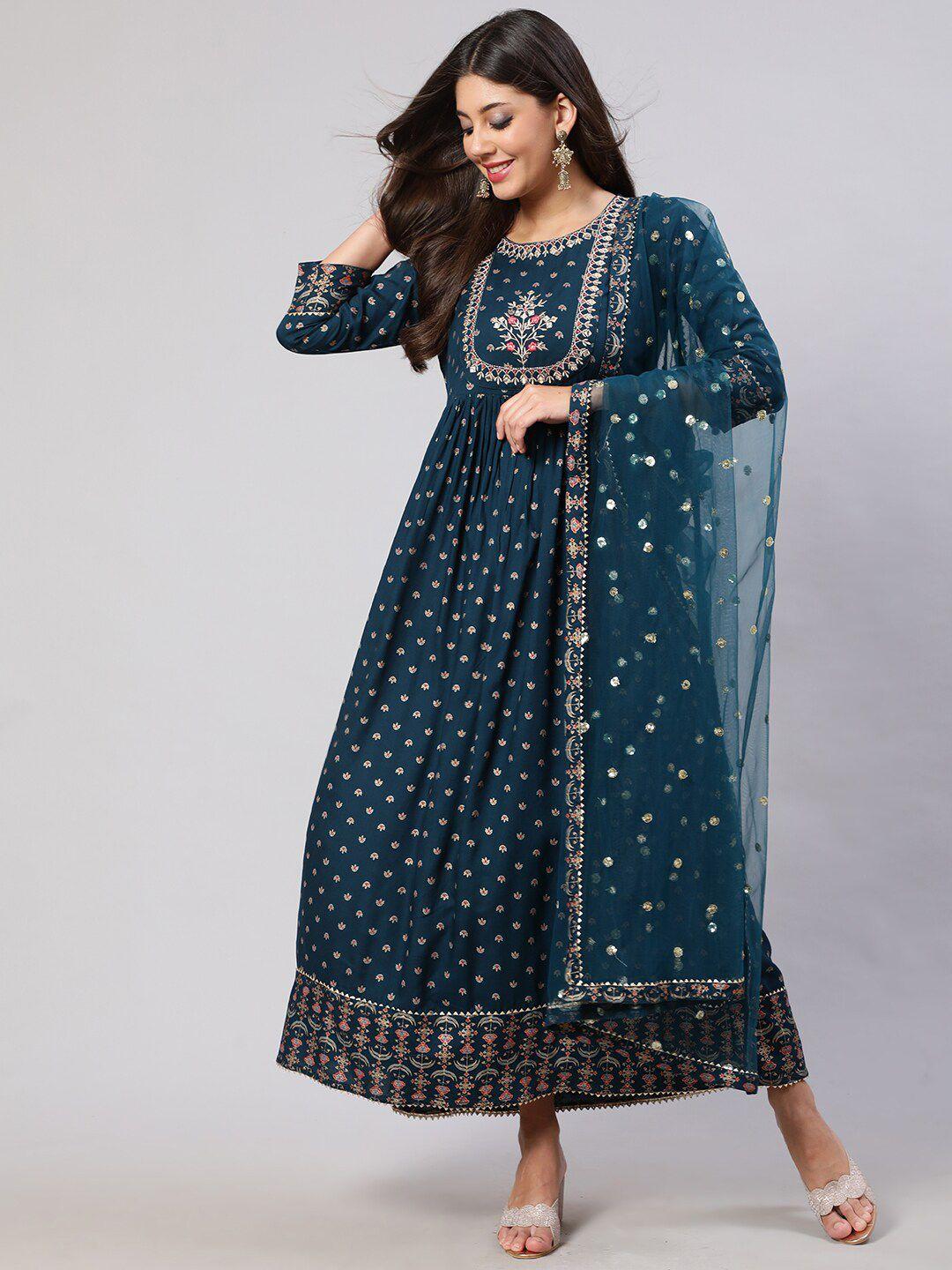 nayo ethnic motifs printed embroidered fit & flare dress with dupatta